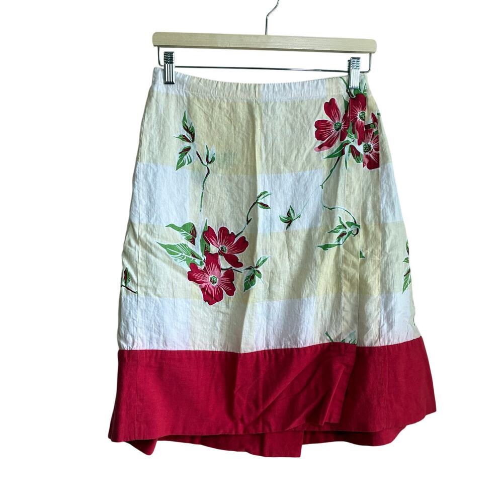 DKNY vintage linen yellow red floral colorblock wrap skirt‎ women's size 6P